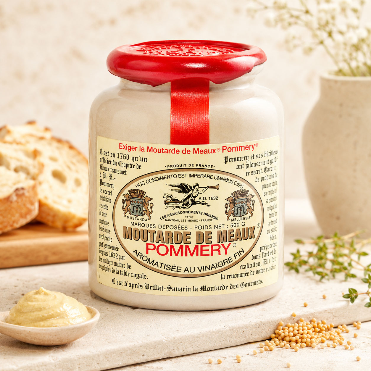 Pommery Moutarde de Meaux grove mosterd 500 g Pommery Moutarde de Meaux grove Franse mosterd 500 g pot met rode waslaag