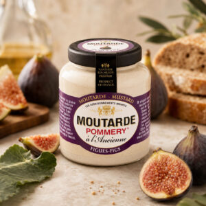 Pommery mosterd met vijg Moutarde à l’Ancienne Figues pot op witte achtergrond