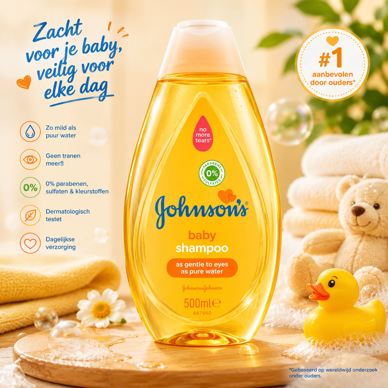 Johnson’s Baby Shampoo 500ml zachte dagelijkse verzorging Johnson’s Baby Shampoo 500ml in warme babybadkamer met zachte handdoeken en badspeelgoed