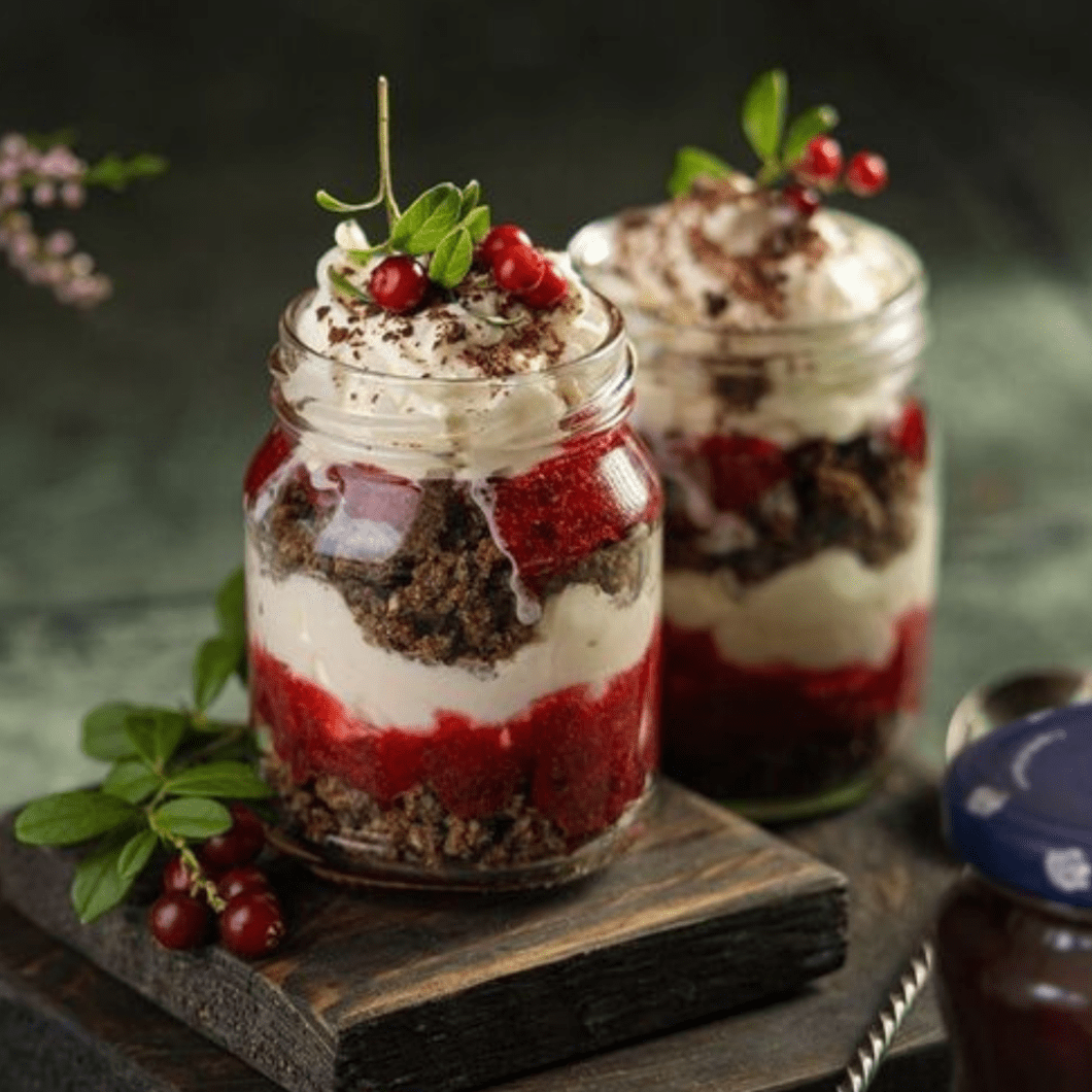 Cremosissimo dessert in een glas met Pan di Stelle en kersenjam