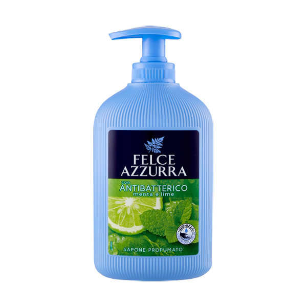 Felce Azzurra Sapone Menta e Lime – Verkwikkende Handzeep. Felce Azzurra Sapone Menta e Lime – Verfrissende vloeibare handzeep.